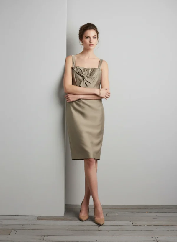 Vestido Beige con Lazo y Drapeado