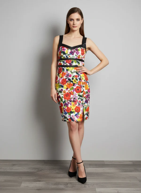 Vestido Floral Multicolor con Detalles en Negro