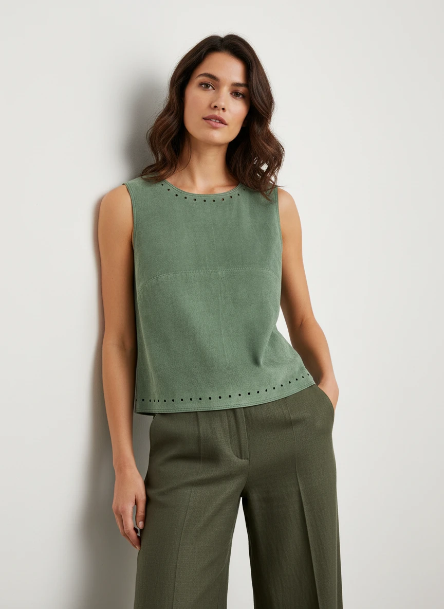 Blusa Sin Mangas Verde Salvia con Detalles Perforados
