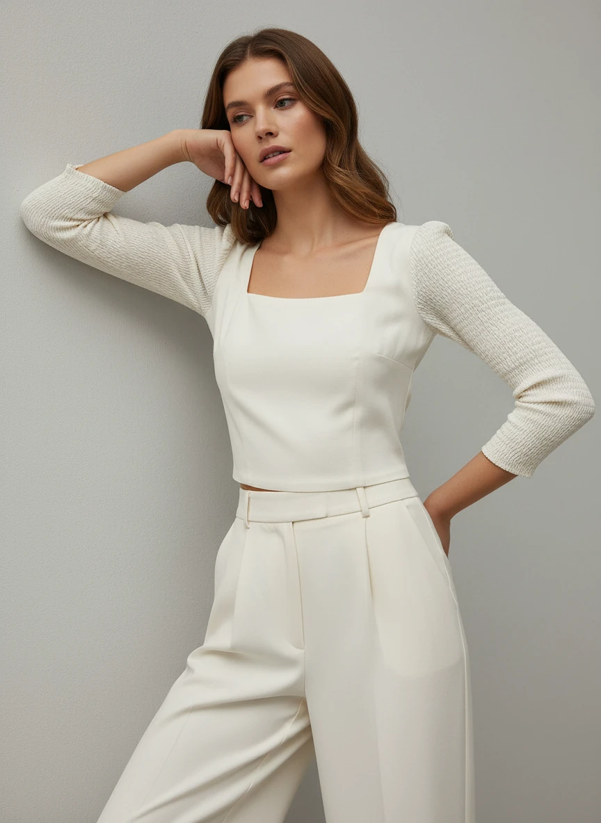 Blusa Crema con Mangas Texturizadas y Escote Cuadrado