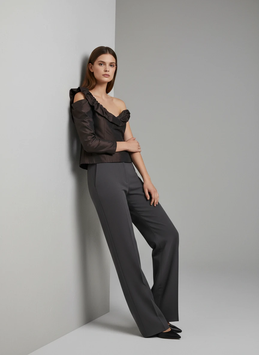 Blusa Negra Elegante con Hombro Descubierto y Volante