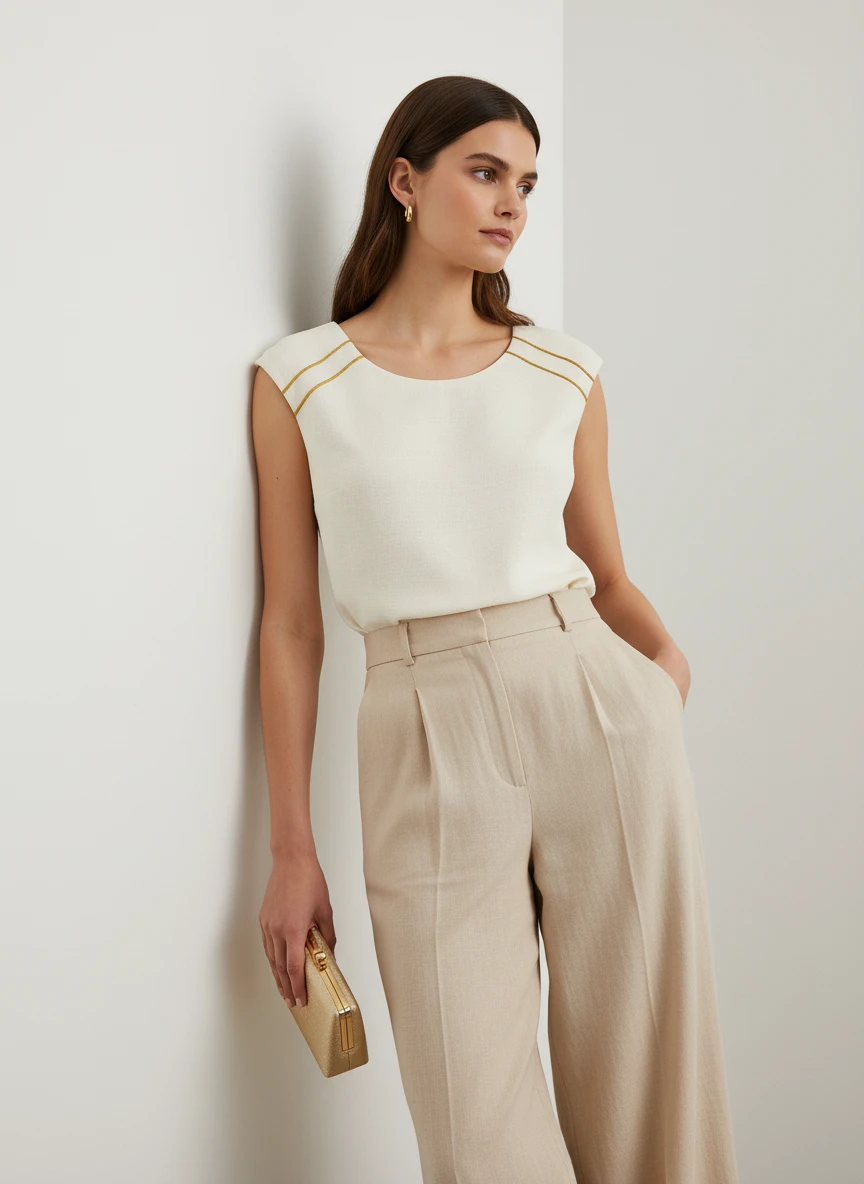 Blusa Minimalista Crema con Detalles Dorados