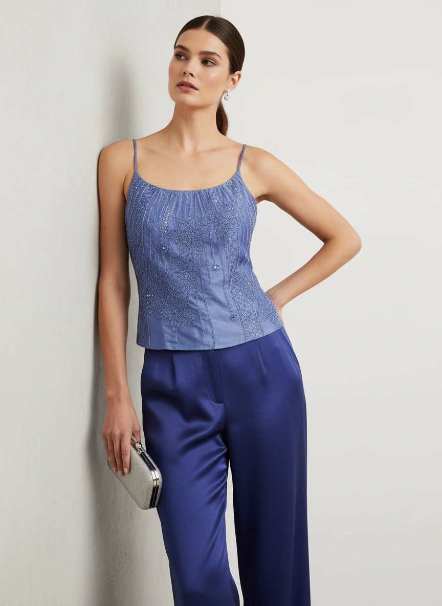 Blusa Camiseta Azul con Detalles de Encaje Elegante