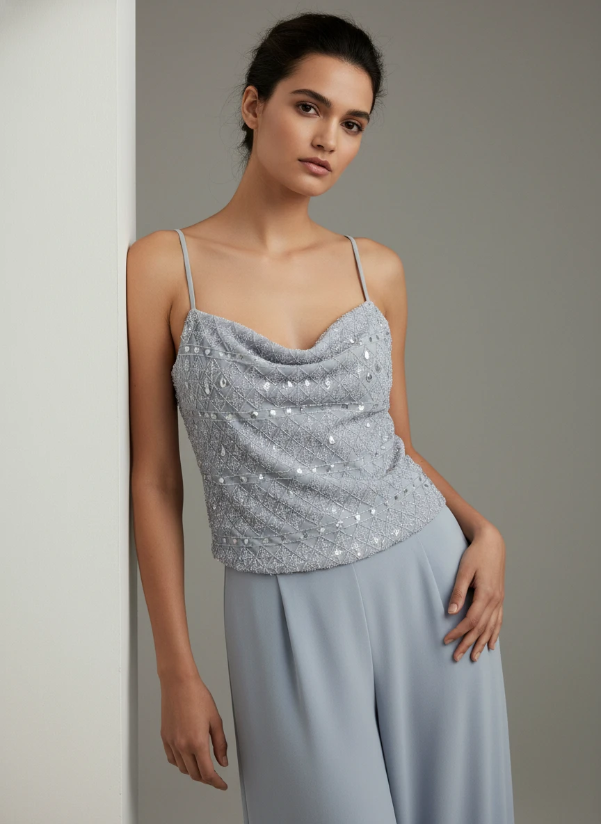 Top Brillante con Drapeado Cowl Elegante