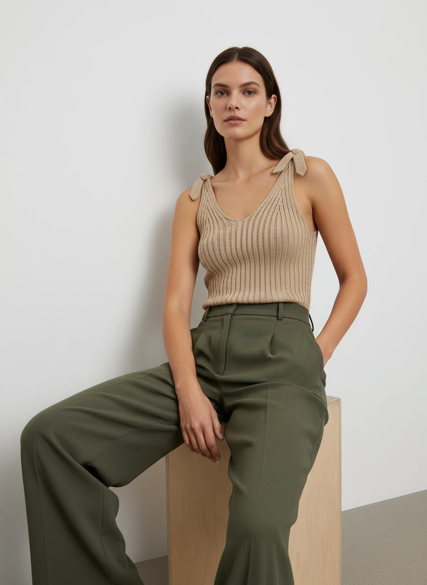 Top Ribeteado Beige con Lazos en los Hombros