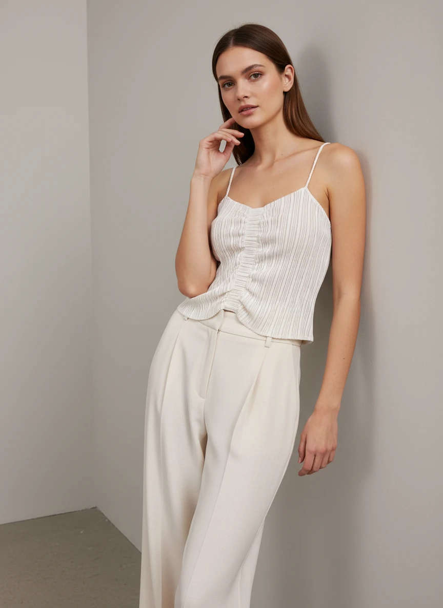 Camiseta Blanca Plisada con Botones Delanteros