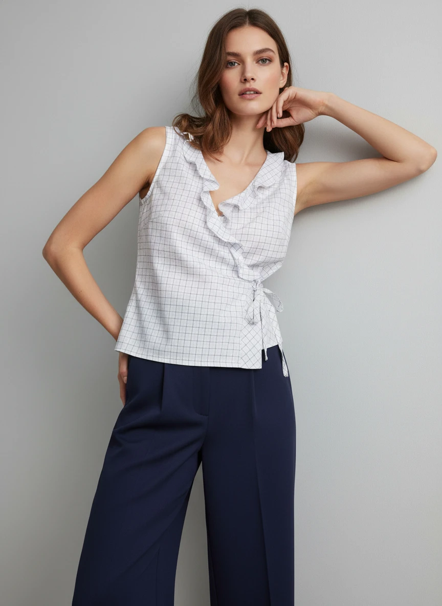 Blusa Blanca de Cuadros con Volantes Elegante