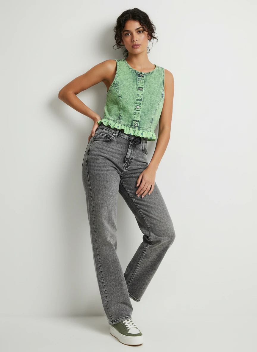 Top Denim Lavado Verde Menta con Volante
