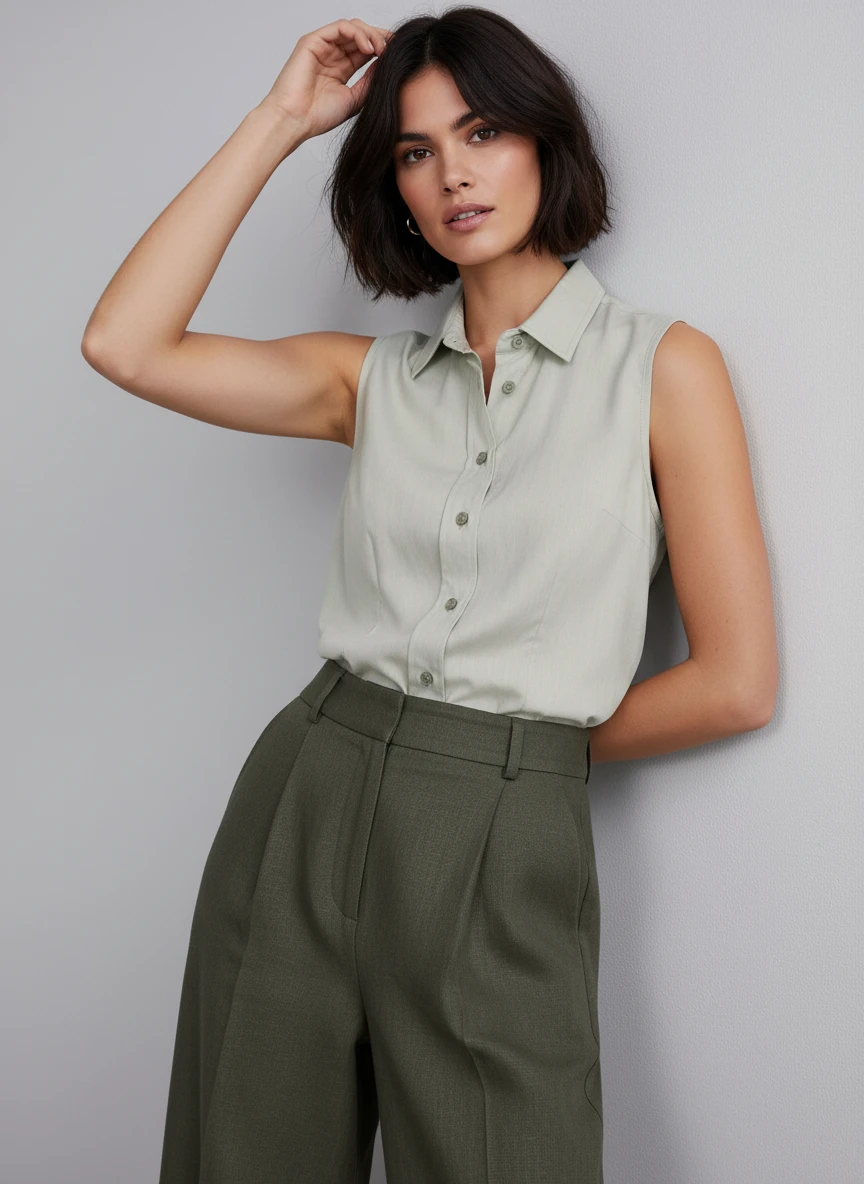 Blusa sin Mangas de Lino Beige Clásica