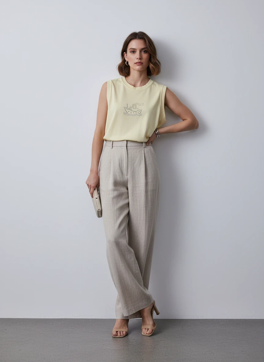 Camiseta sin mangas con detalles strass dorados