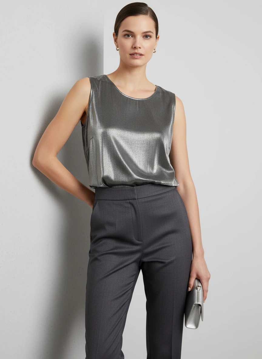 Top Metalizado Gris Plata Sin Mangas Elegante