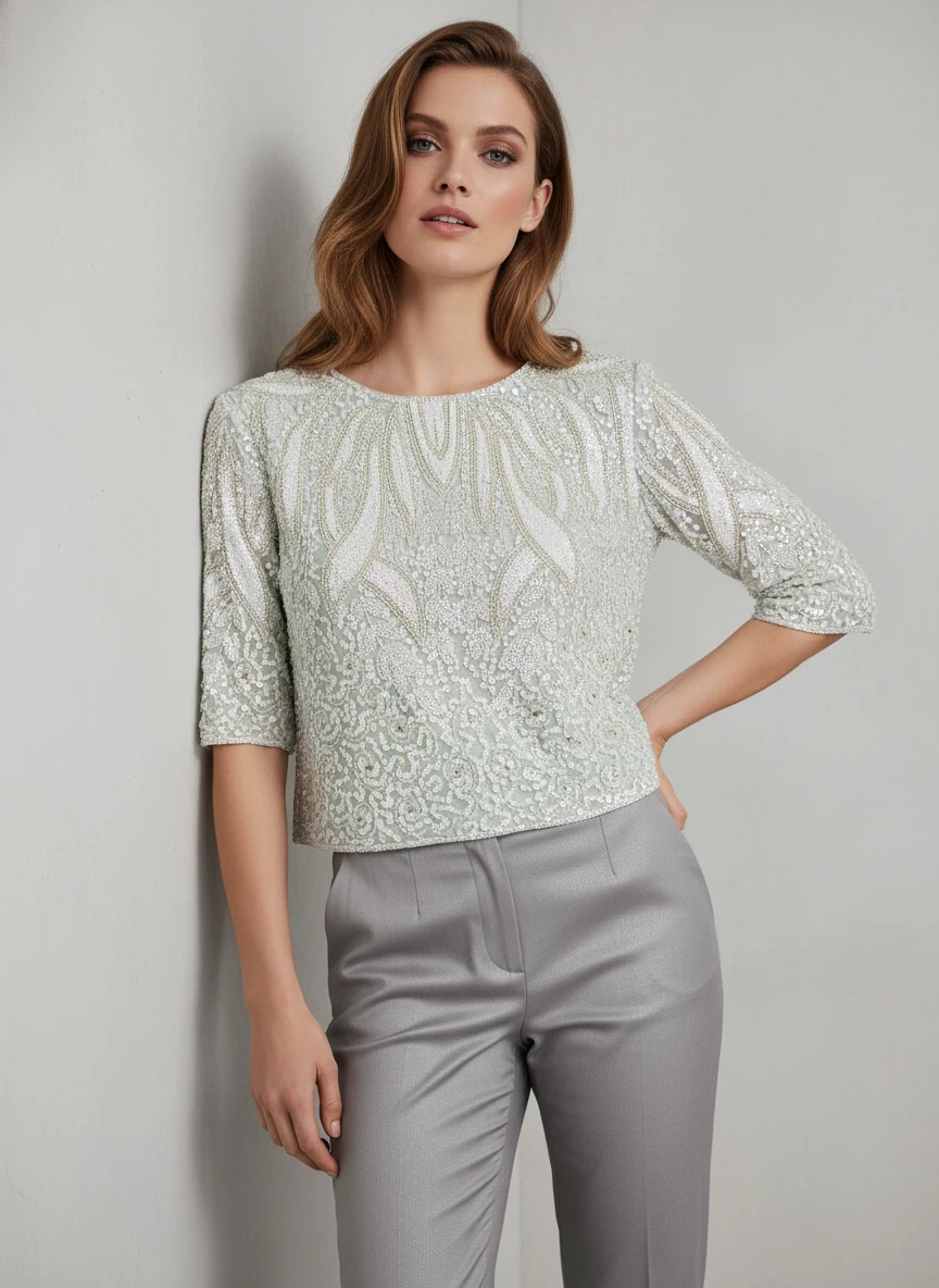 Blusa Elegante de Lentejuelas Plateadas con Mangas