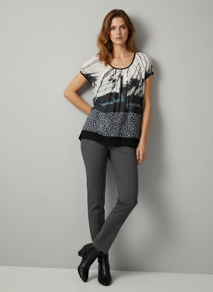 Blusa Estampada Geométrica con Detalles Leopardo