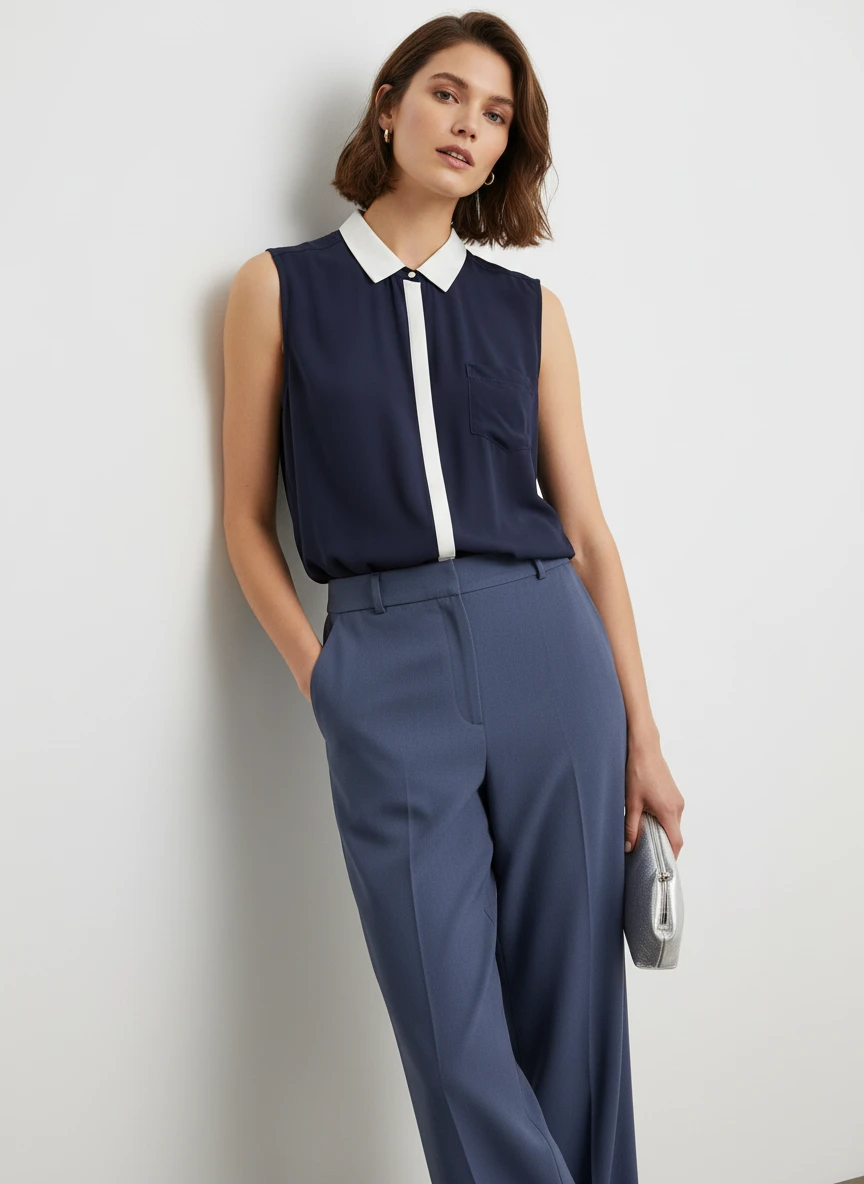 Blusa sin mangas con cuello camisero bicolor