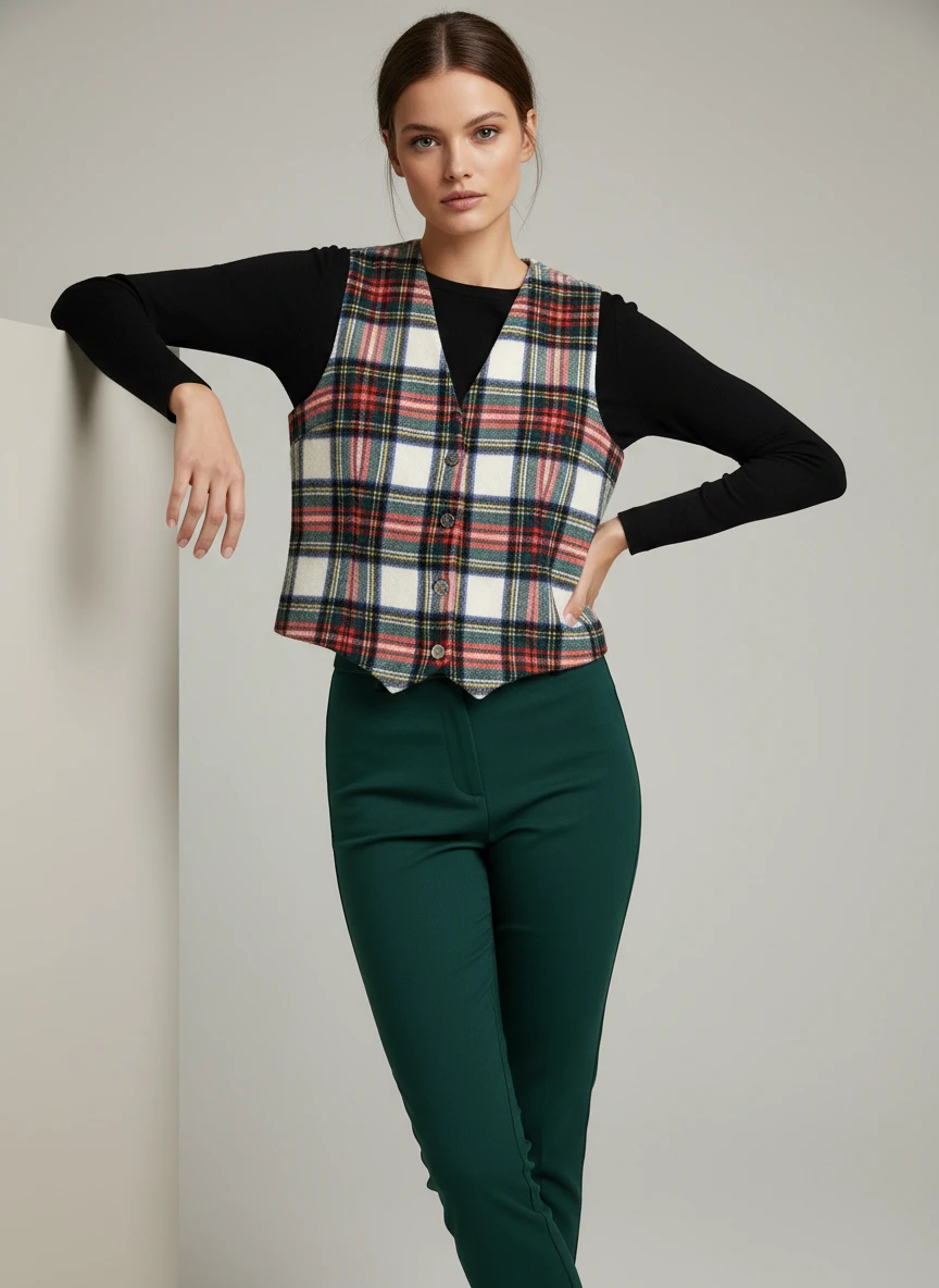 Chaleco Tartán Escocés Elegante con Mangas Negras