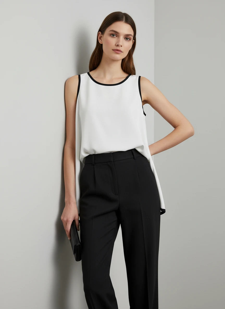 Blusa Minimalista Blanca con Ribete Negro Elegante