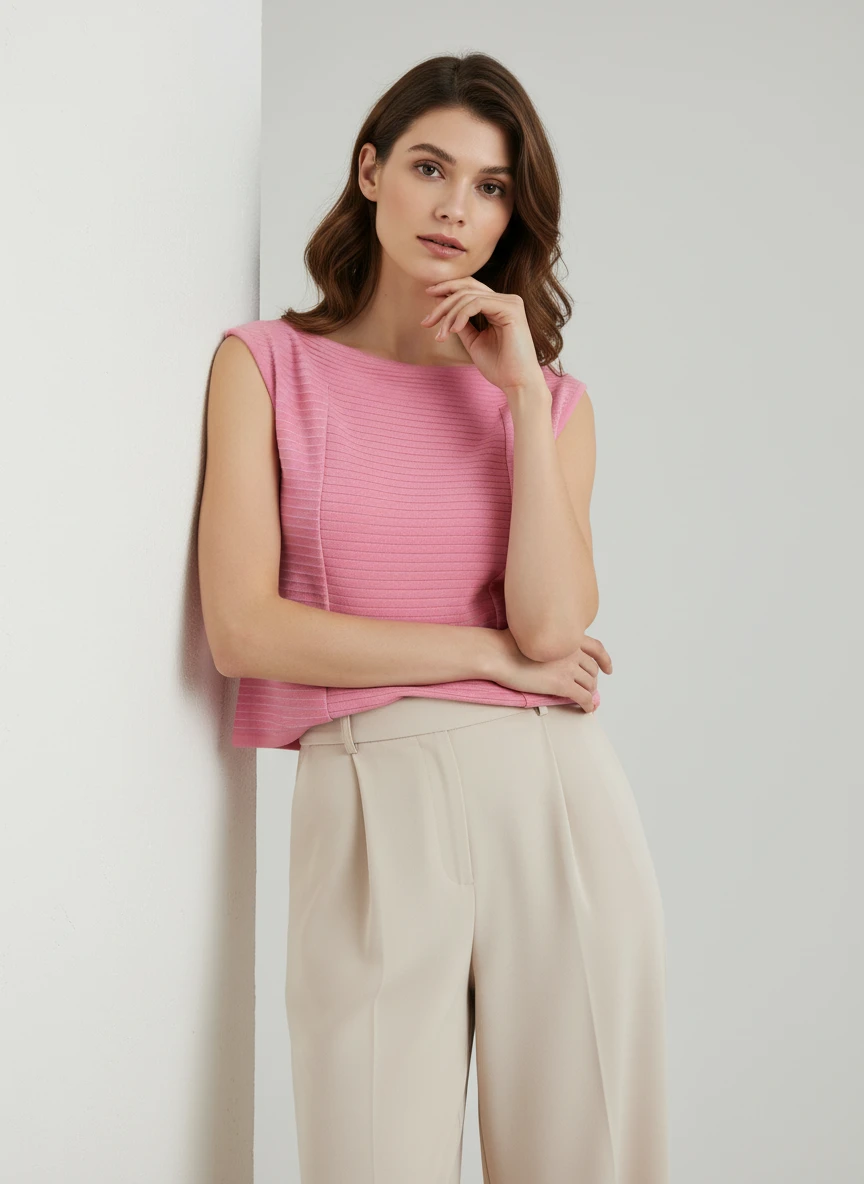 Blusa Rosa con Textura Acanalada sin Mangas