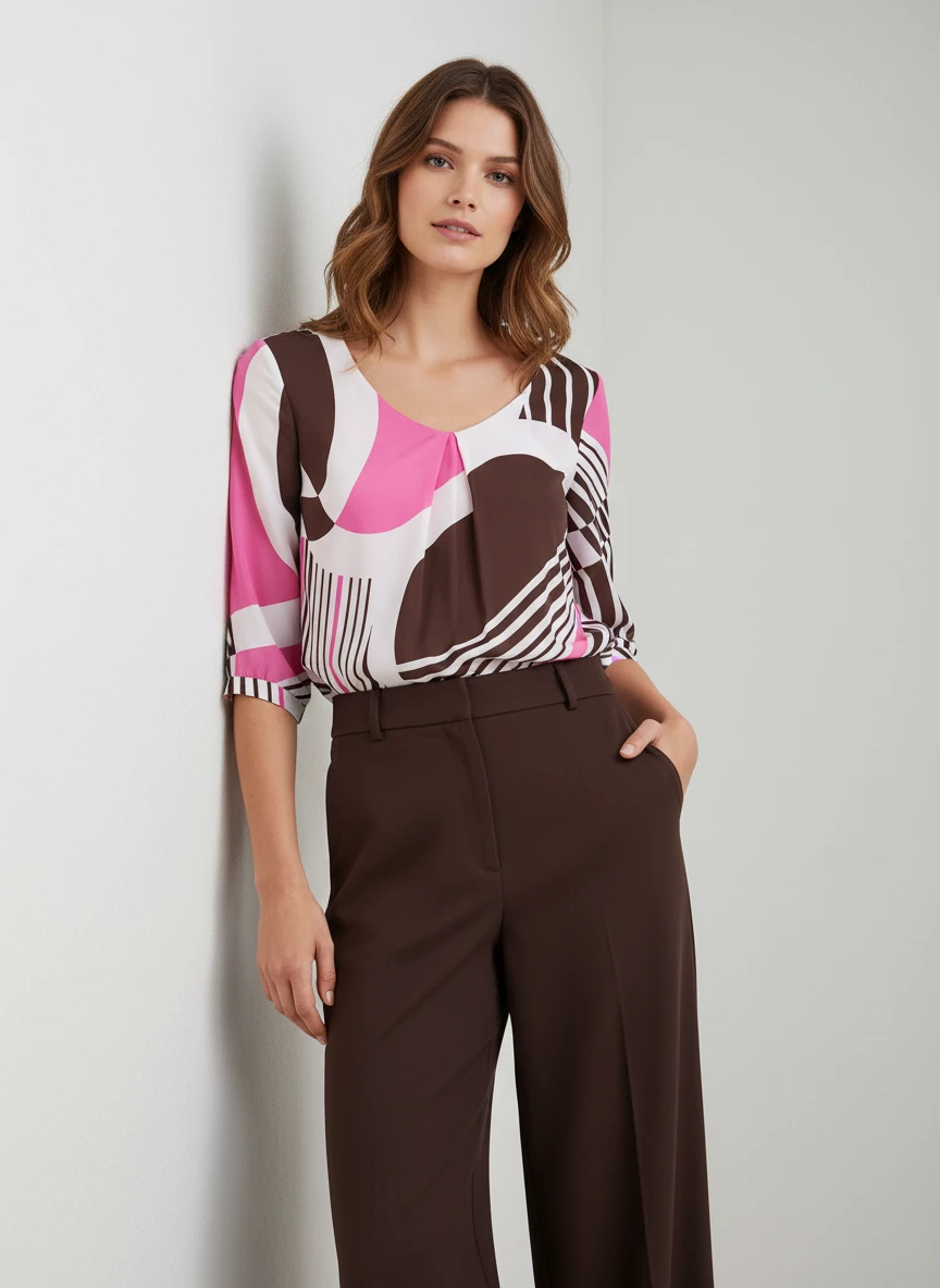 Blusa Estampada Geométrica con Mangas Tres Cuartos