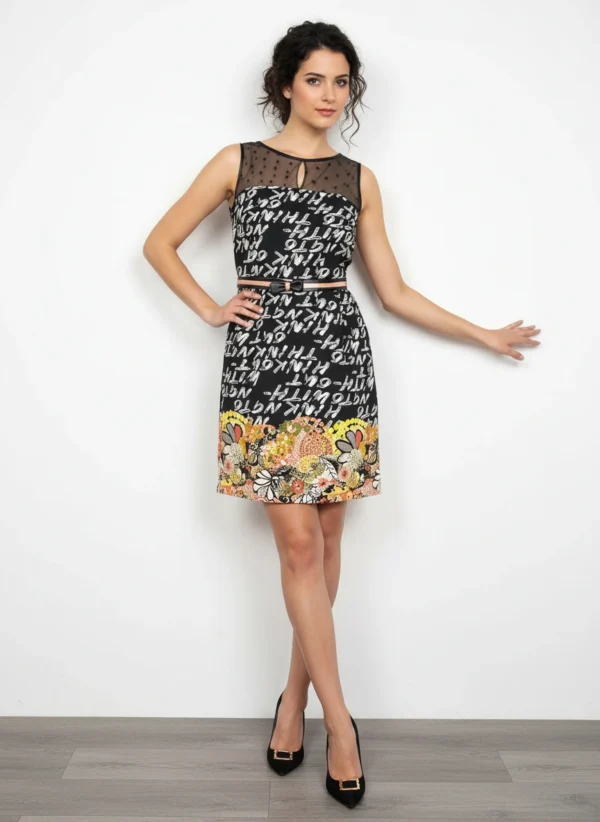 Vestido Elegante Bicolor con Detalles de Encaje y Flores