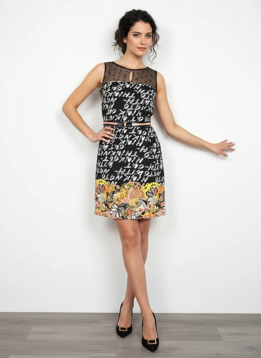 Vestido Elegante Bicolor con Detalles de Encaje y Flores