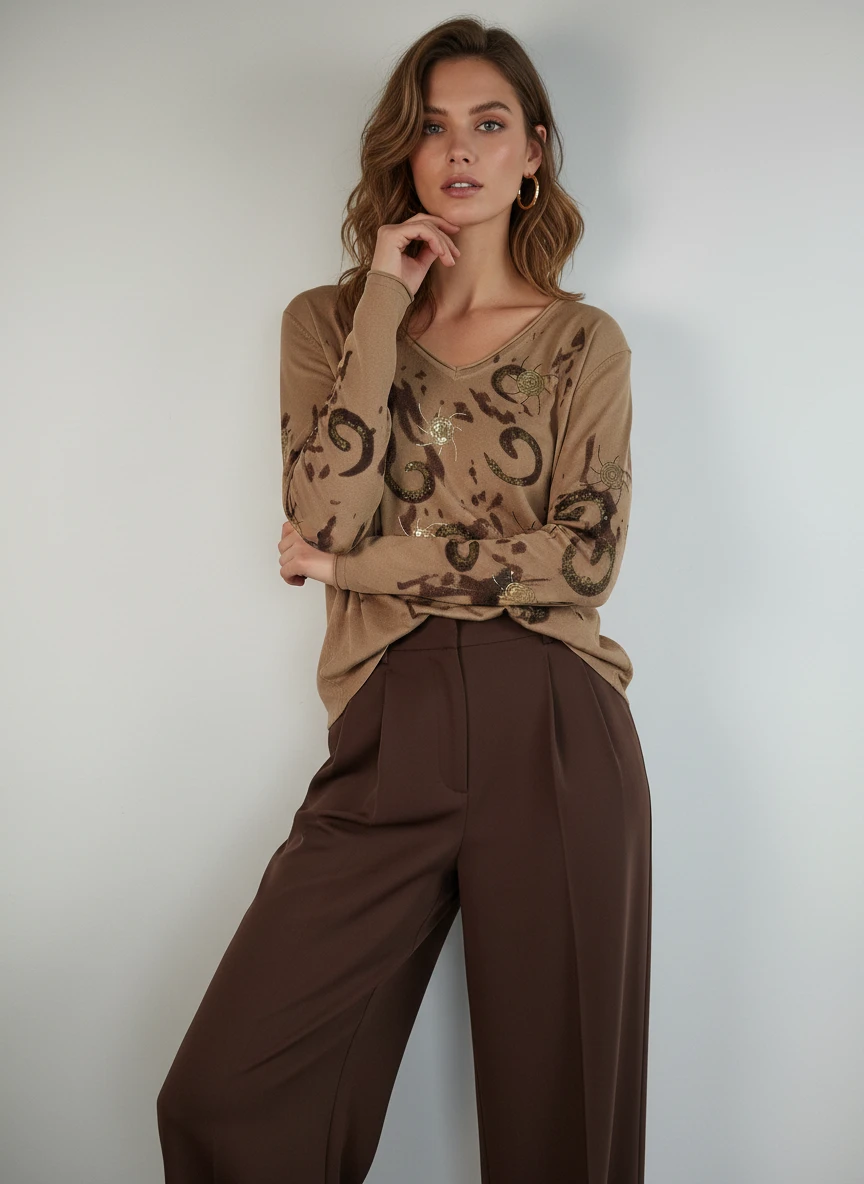 Blusa Beige con Estampado Decorativo Bronce