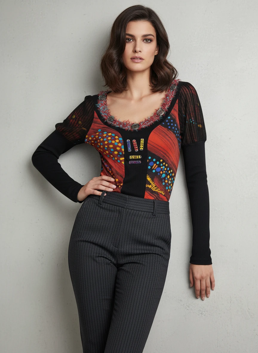 Blusa Artística con Cuello Decorado y Mangas Largas
