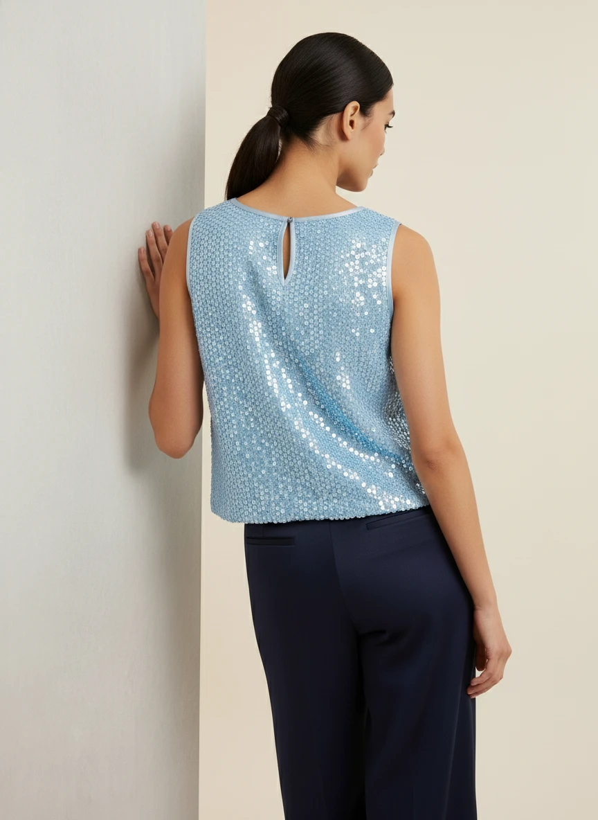 Top Sequin Azul Claro sin Mangas Elegante - Imagen 2