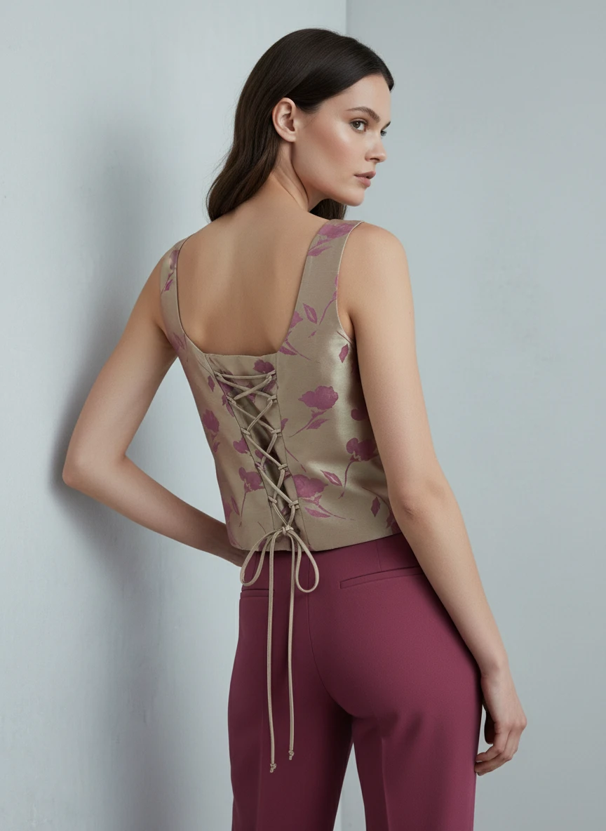 Top Floral Beige con Detalles en Rosa - Imagen 2