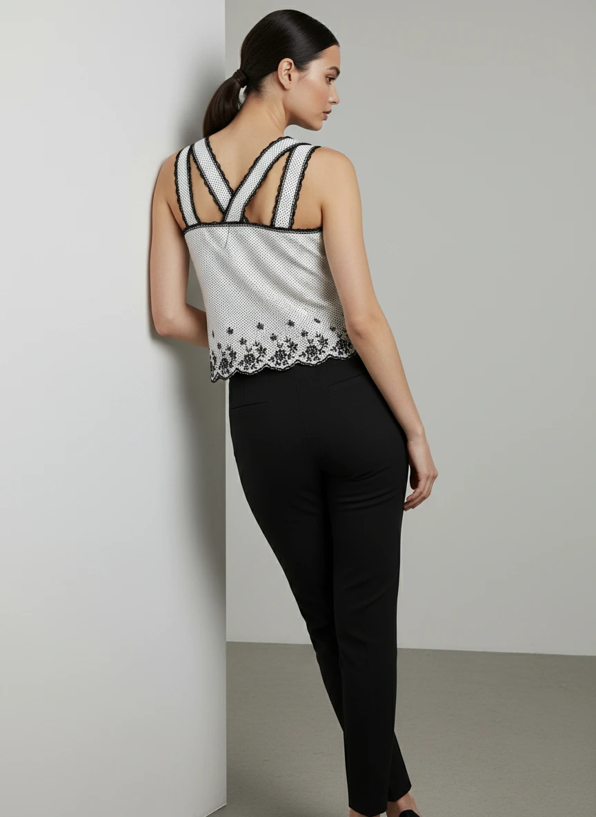 Top Blanco Cruzado con Encaje y Detalles Negros - Imagen 2