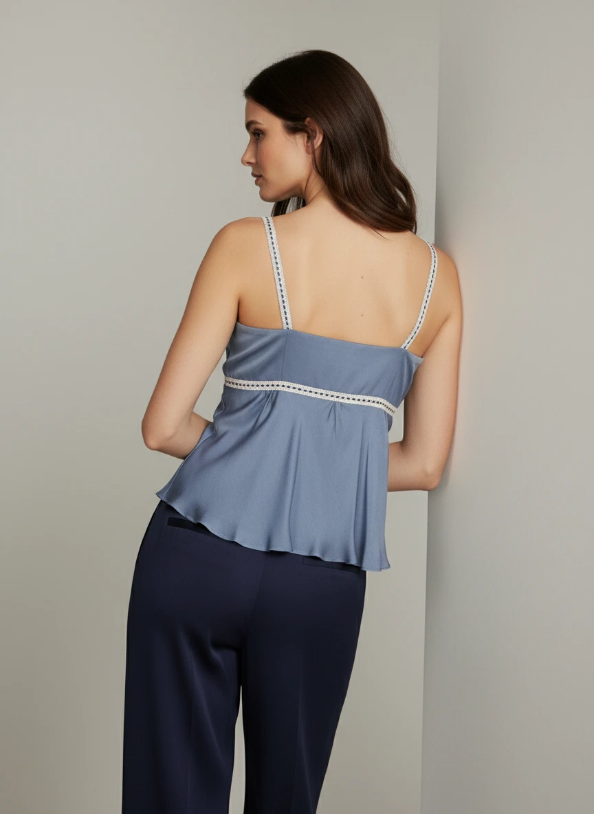 Top Satinado Azul con Detalles Decorativos Elegantes - Imagen 2