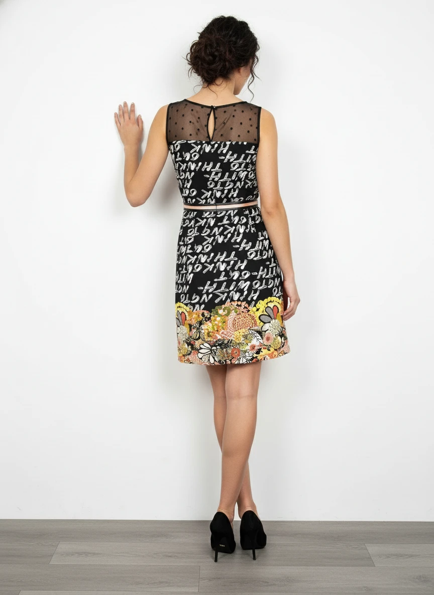 Vestido Elegante Bicolor con Detalles de Encaje y Flores - Imagen 2