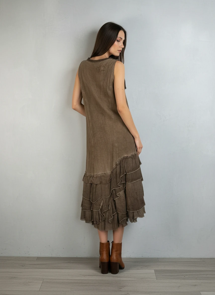 Vestido Bohemio de Lino Beige con Volantes Asimétricos - Imagen 2