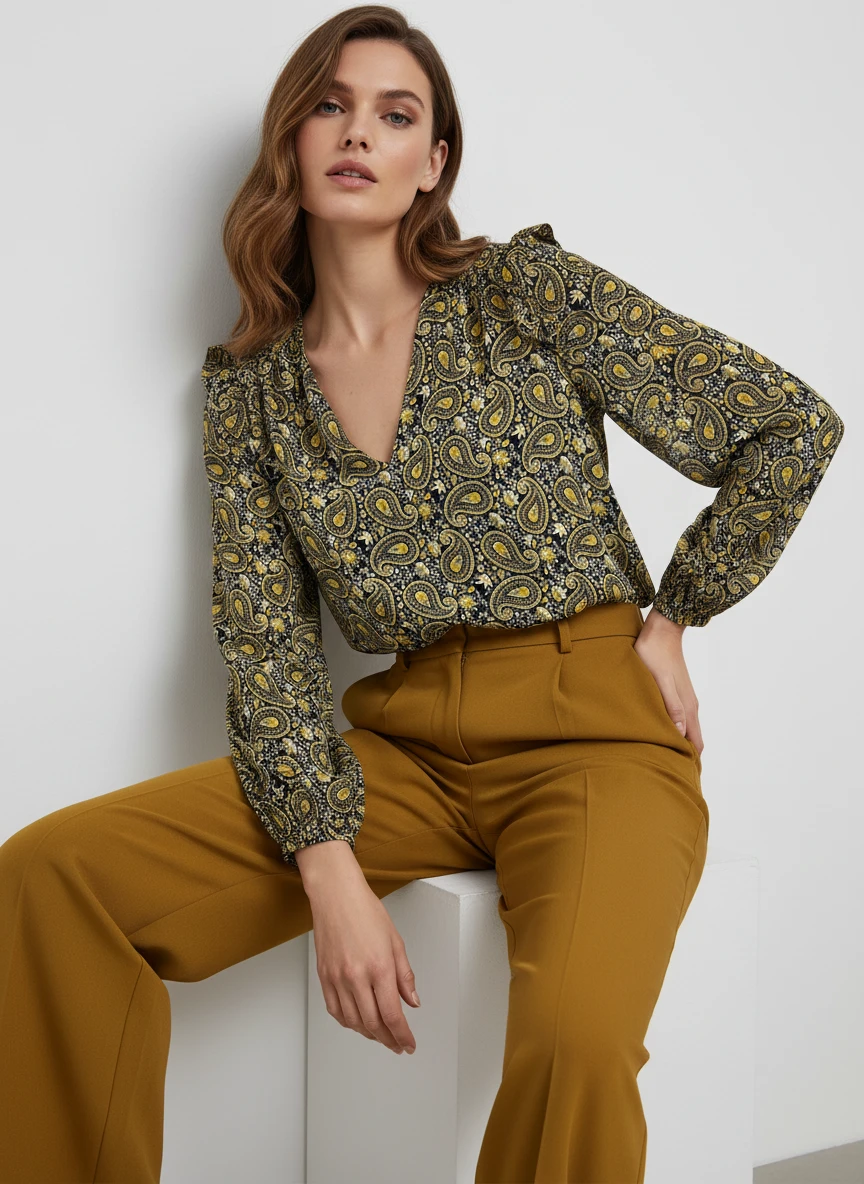 Blusa estampada Paisley Dorado y Negro