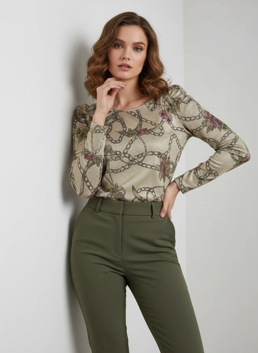 Blusa Estampada con Cadenas y Flores Vintage