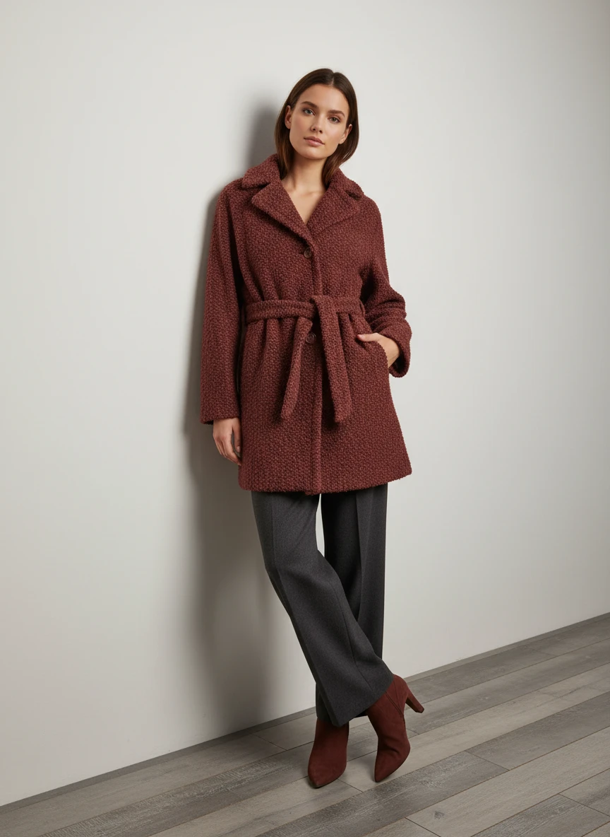 Abrigo Texturizado Burdeos con Cinturón Integrado