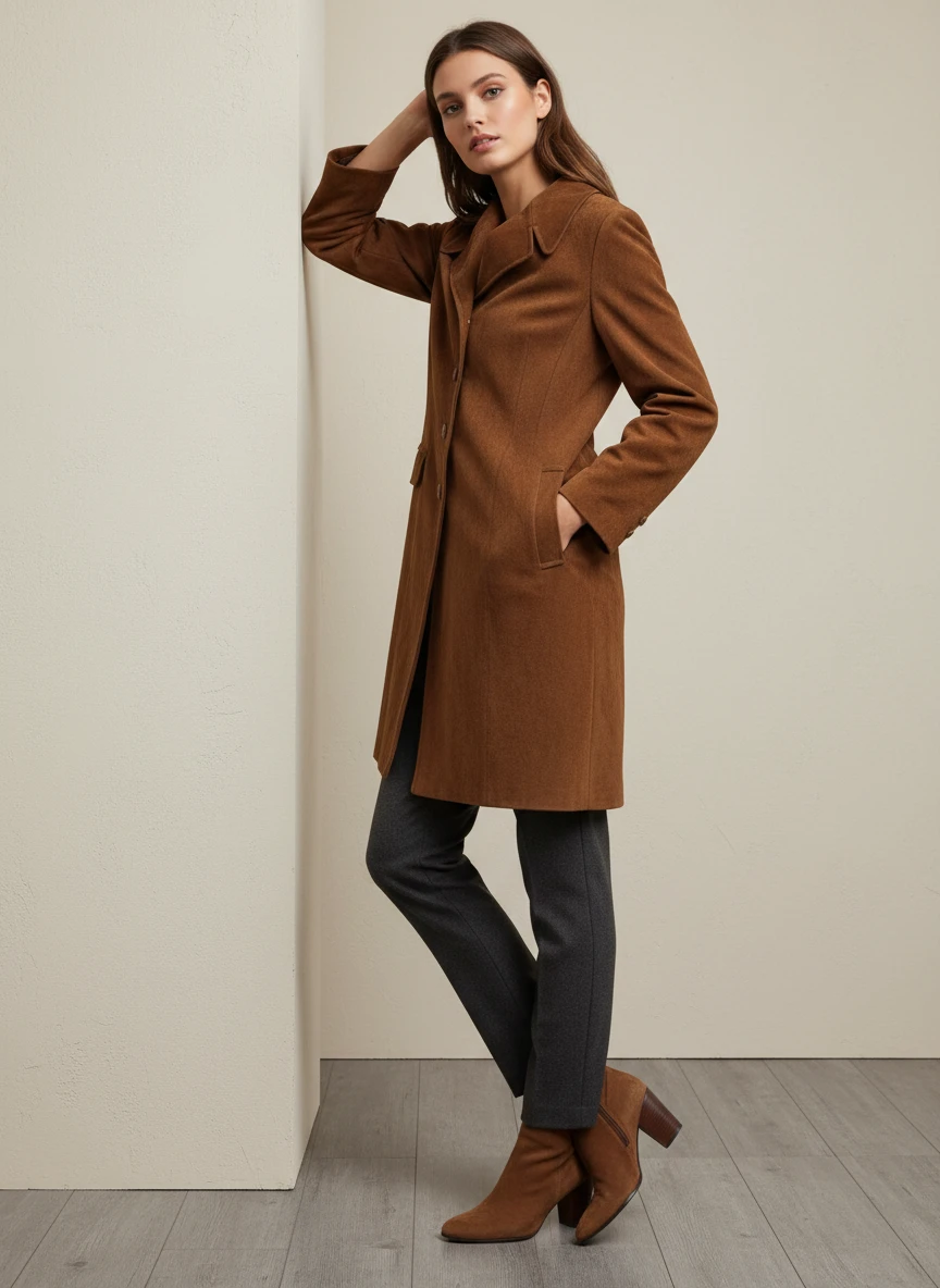 Abrigo Blazer Largo Camel de Ante Elegante