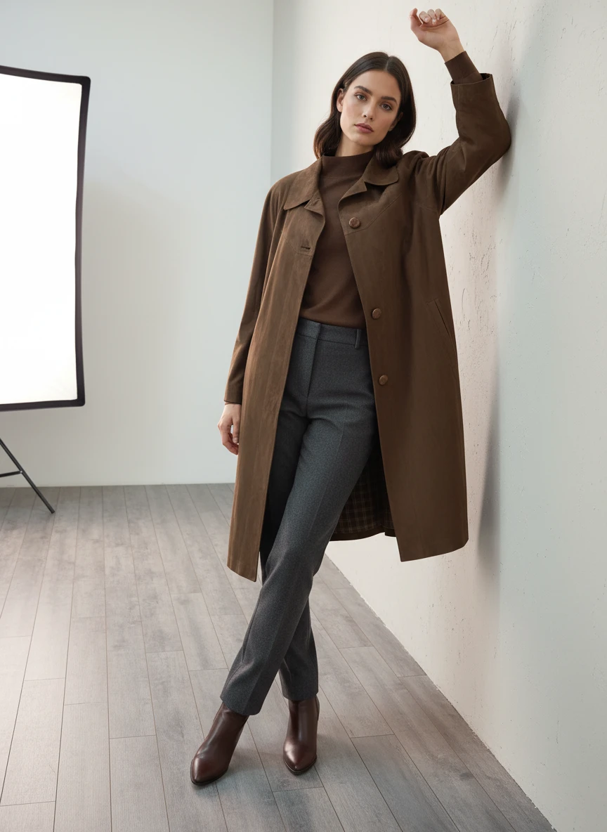 Elegante Abrigo Vintage en Ante Marrón Taupe