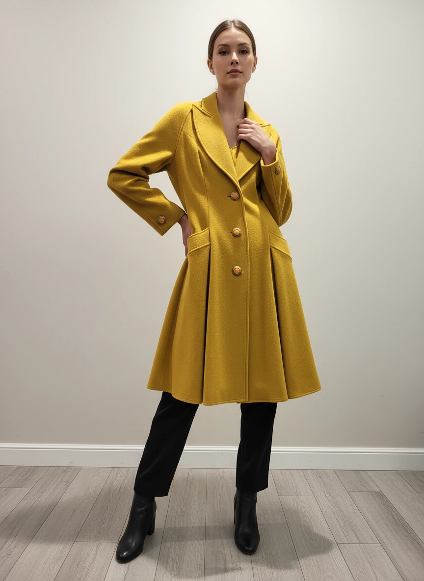 Abrigo Vintage Amarillo Mostaza con Botones Decorativos