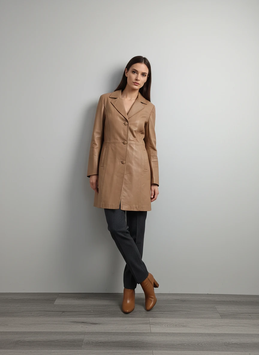 Abrigo de Cuero Marrón Taupe Clásico