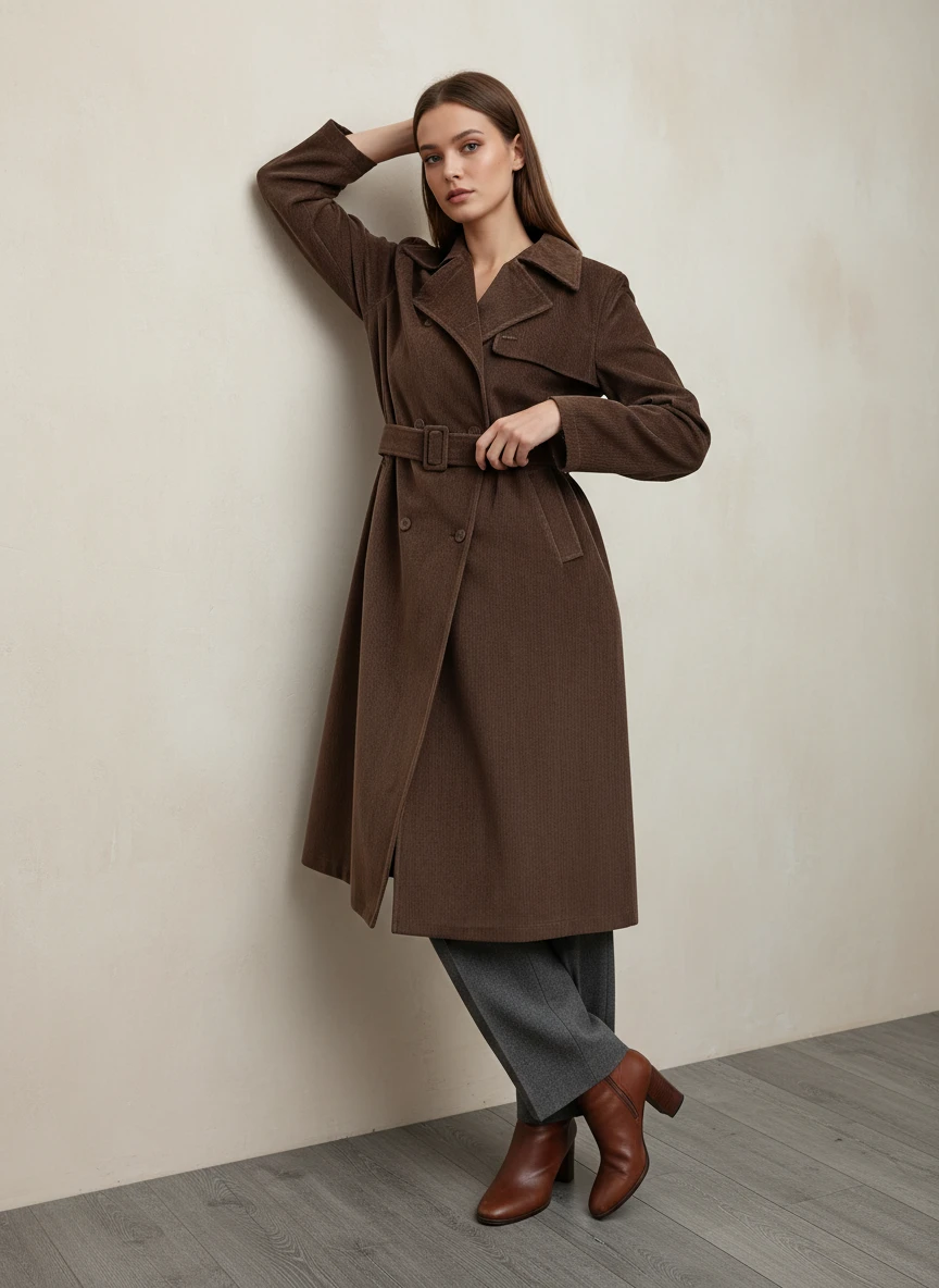 Abrigo Vintage de Pana Marrón con Cinturón