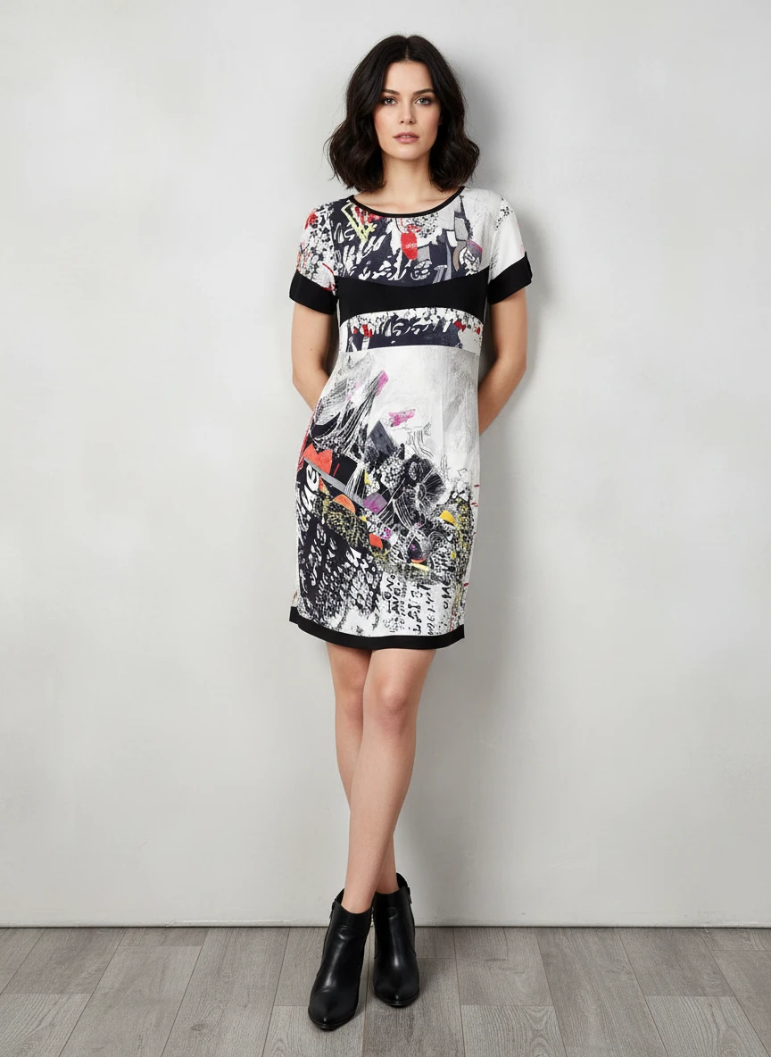 Vestido Estampado Artístico con Bandas de Contraste Negro