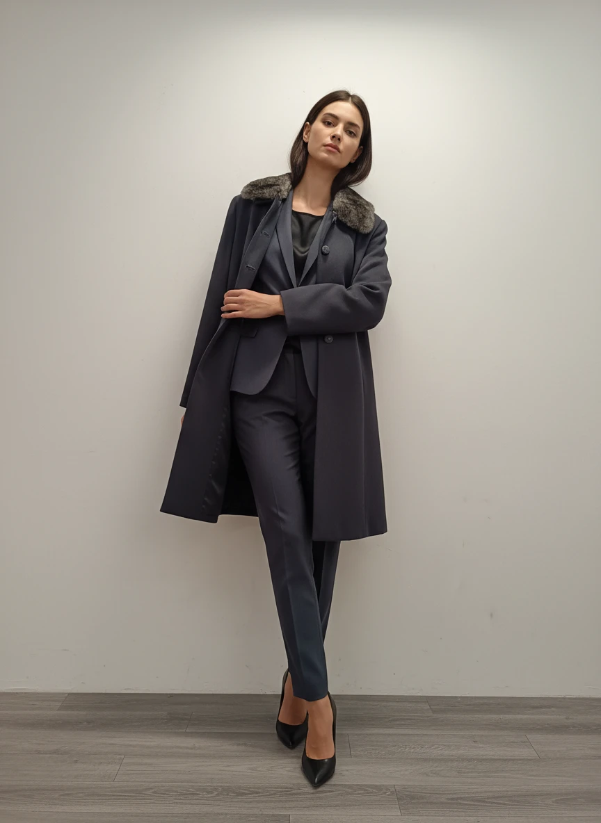 Abrigo Vintage Gris Oscuro con Cuello de Piel Sintética