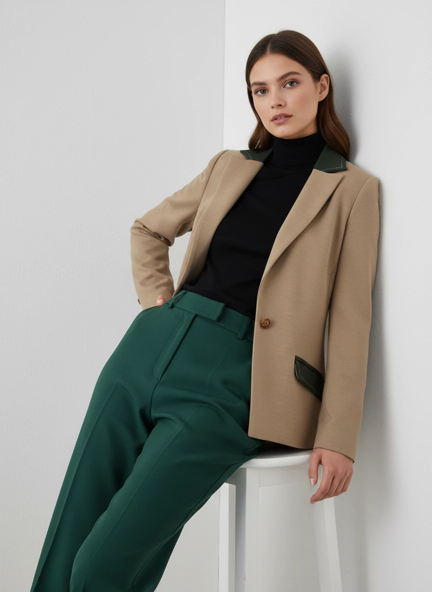 Blazer Beige Elegante con Detalles en Verde