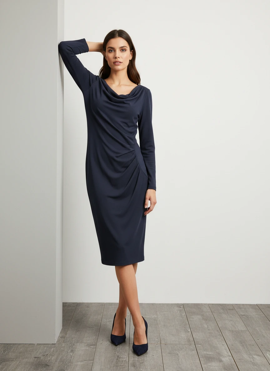 Vestido Midi Azul Marino con Drapeado