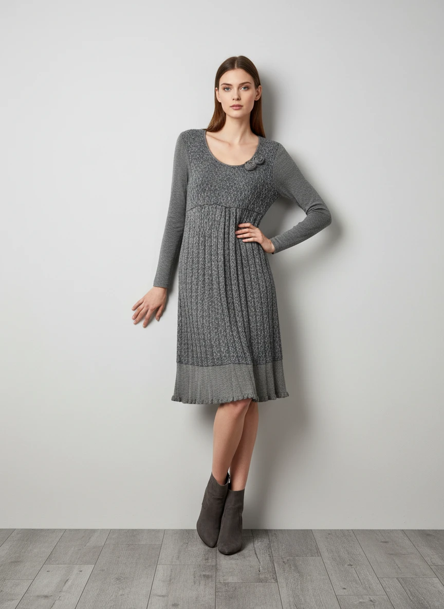 Vestido Gris de Punto con Detalle Plisado