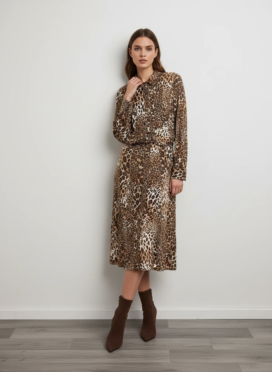 Vestido Midi Leopardo con Mangas Largas