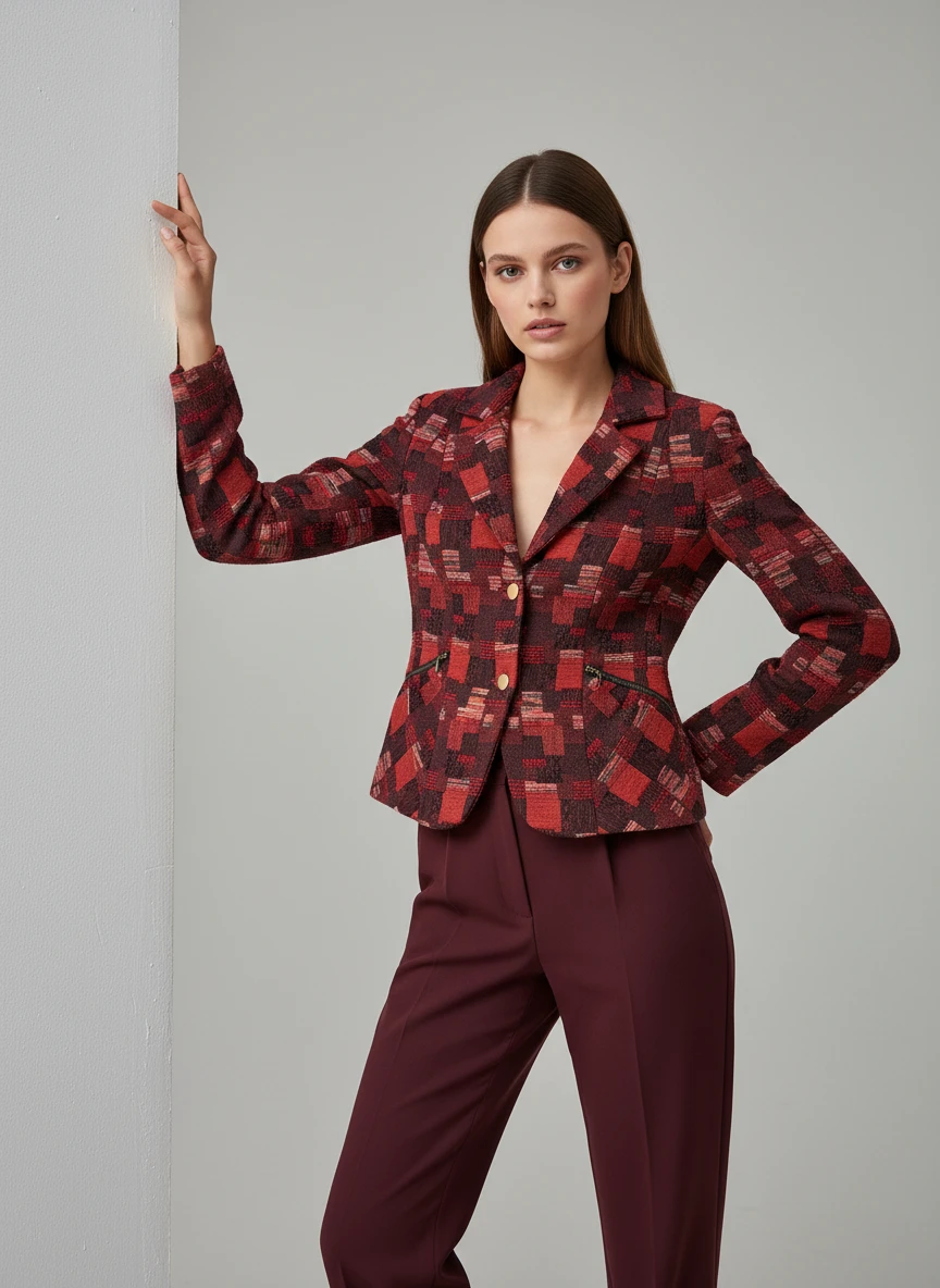 Blazer Cuadros Borgoña con Botones Dorados