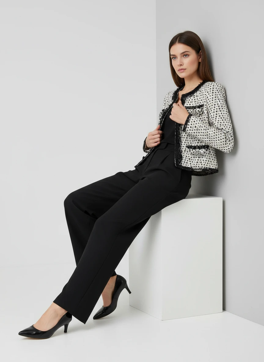 Blazer Tweed Blanco con Detalles en Negro