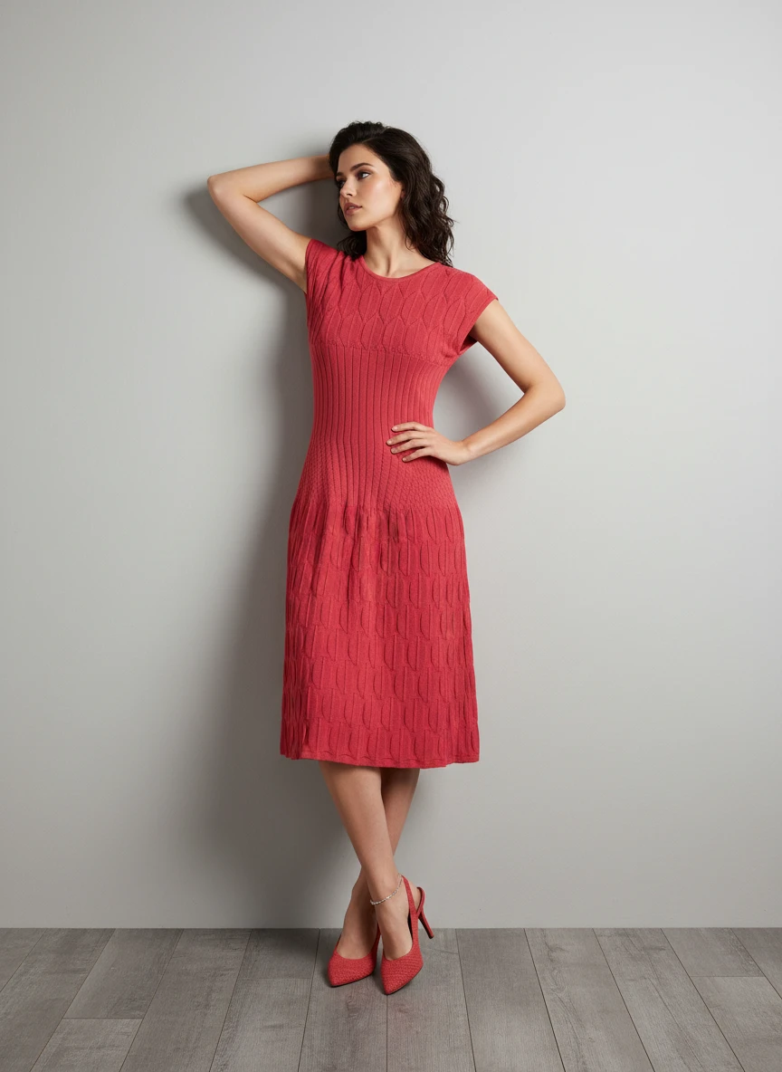 Vestido Rojo Midi Plisado con Escote Redondo