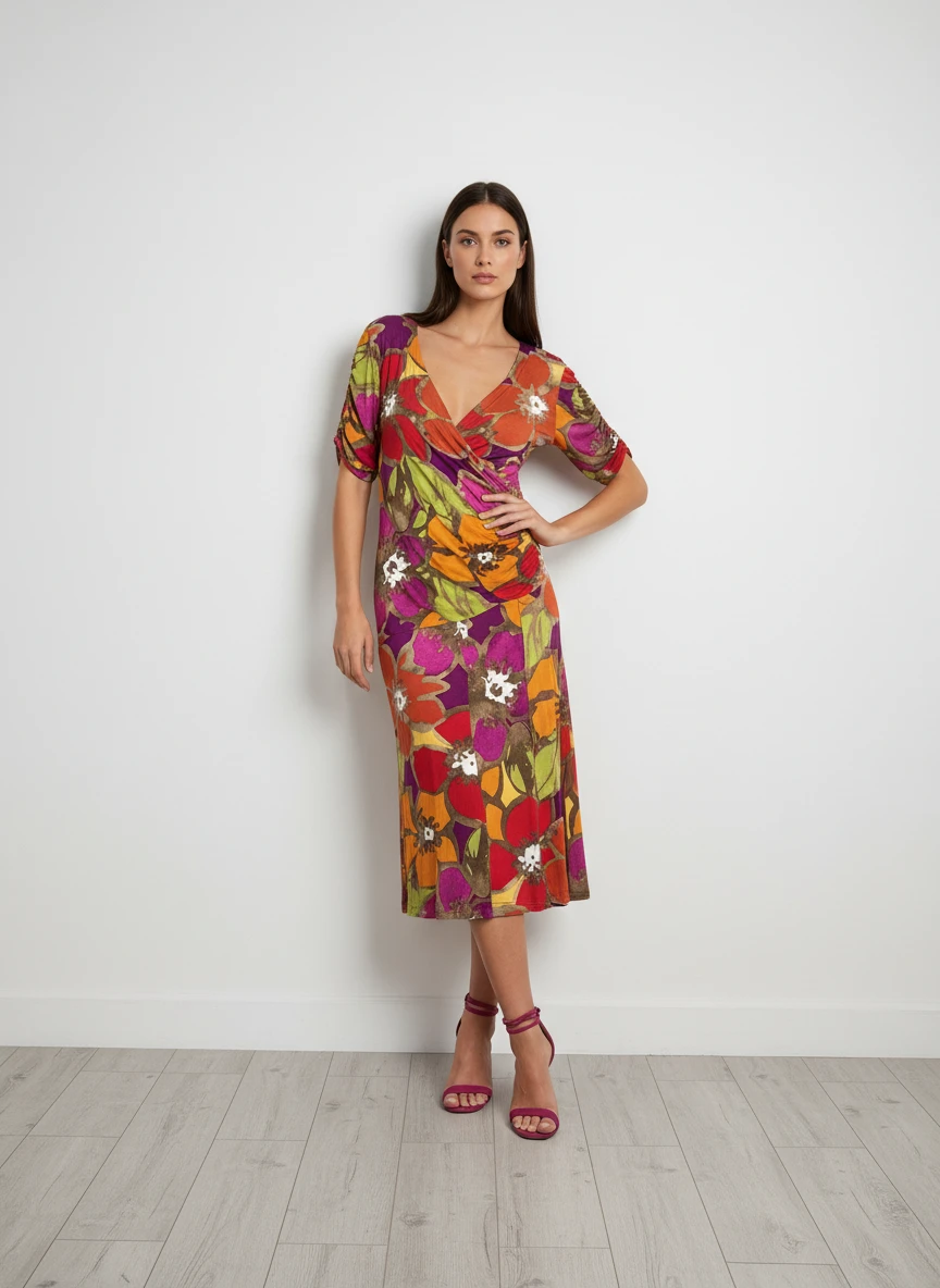 Vestido Envolvente Floral Multicolor de Manga Corta